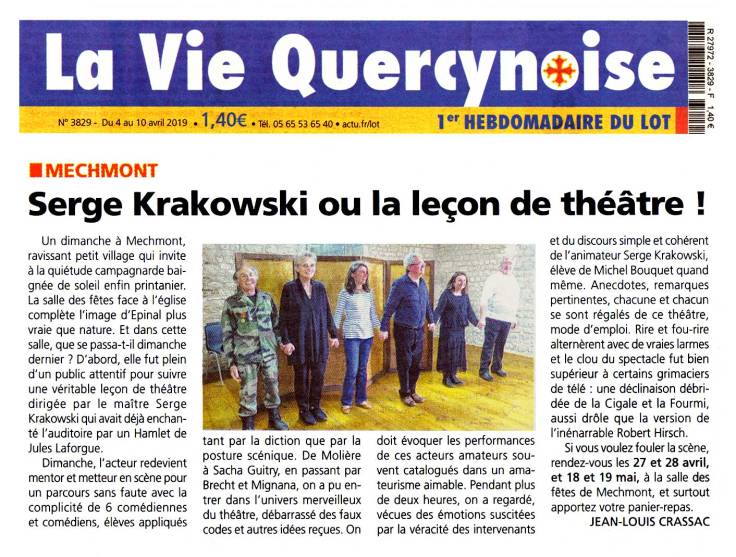 4 -10 Avril-2019-La-Vie-Quercynoise-Article de Jean-Louis-Crassac-Serge Krakowski ou la lecon de theatre